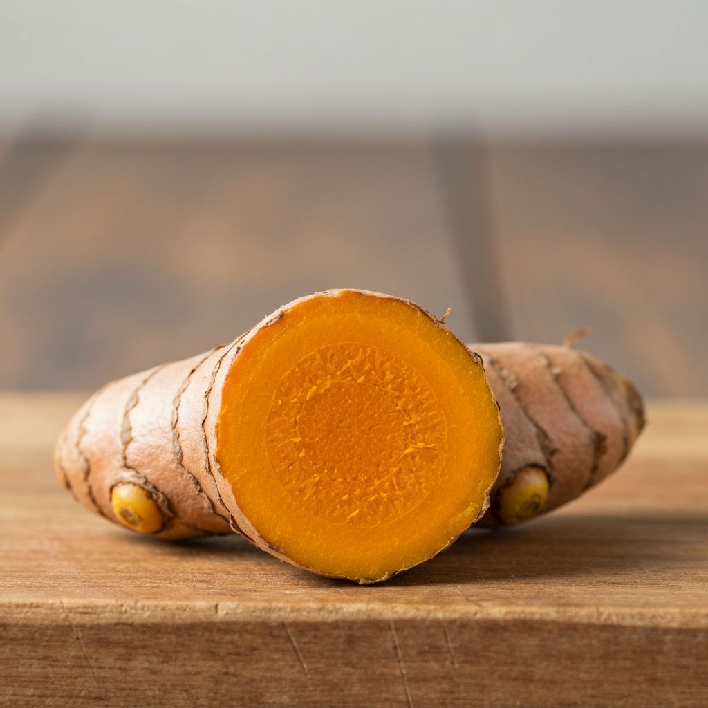 Fresh turmeric rhizome cross-section showing bright yellow flesh