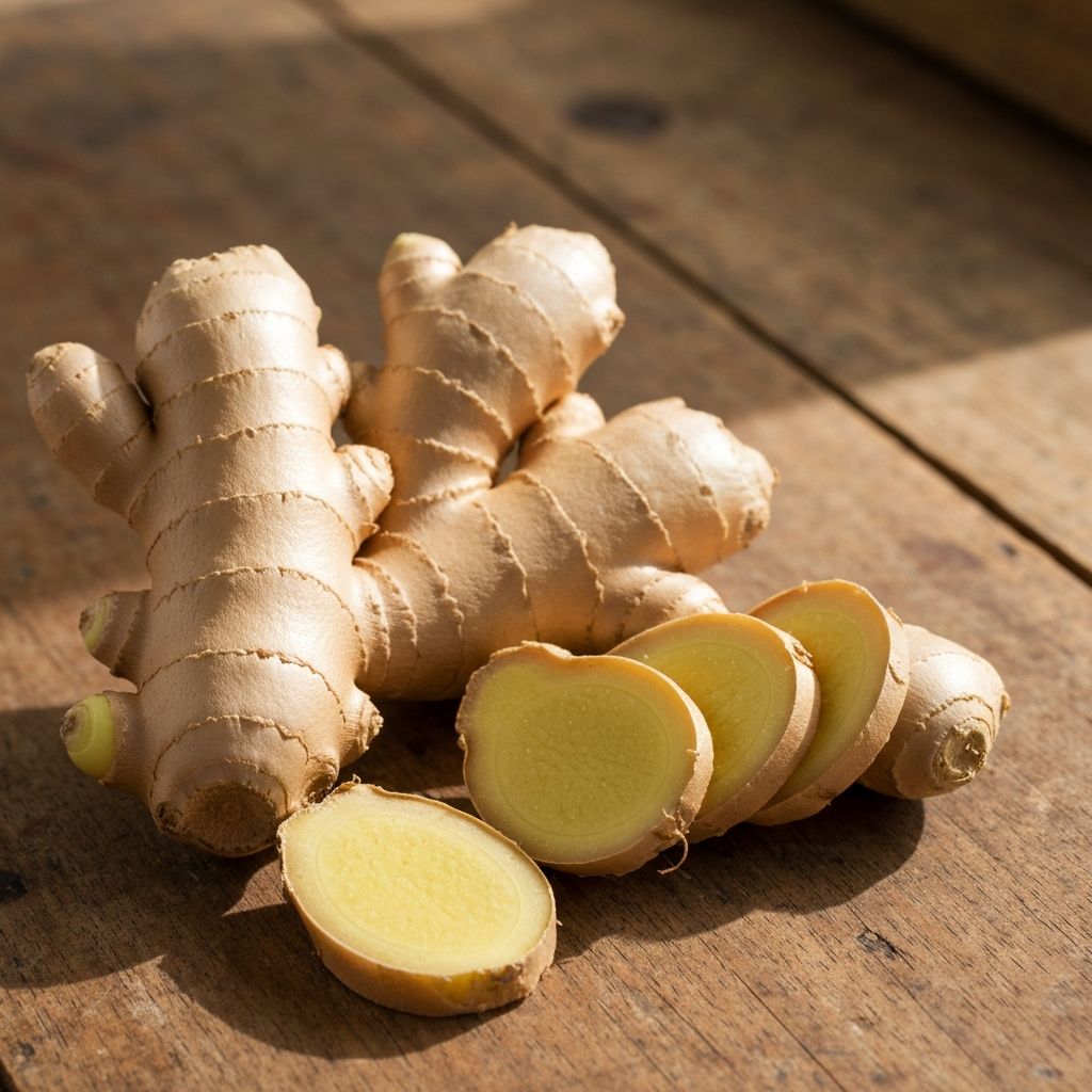 Fresh ginger rhizome with knobby texture