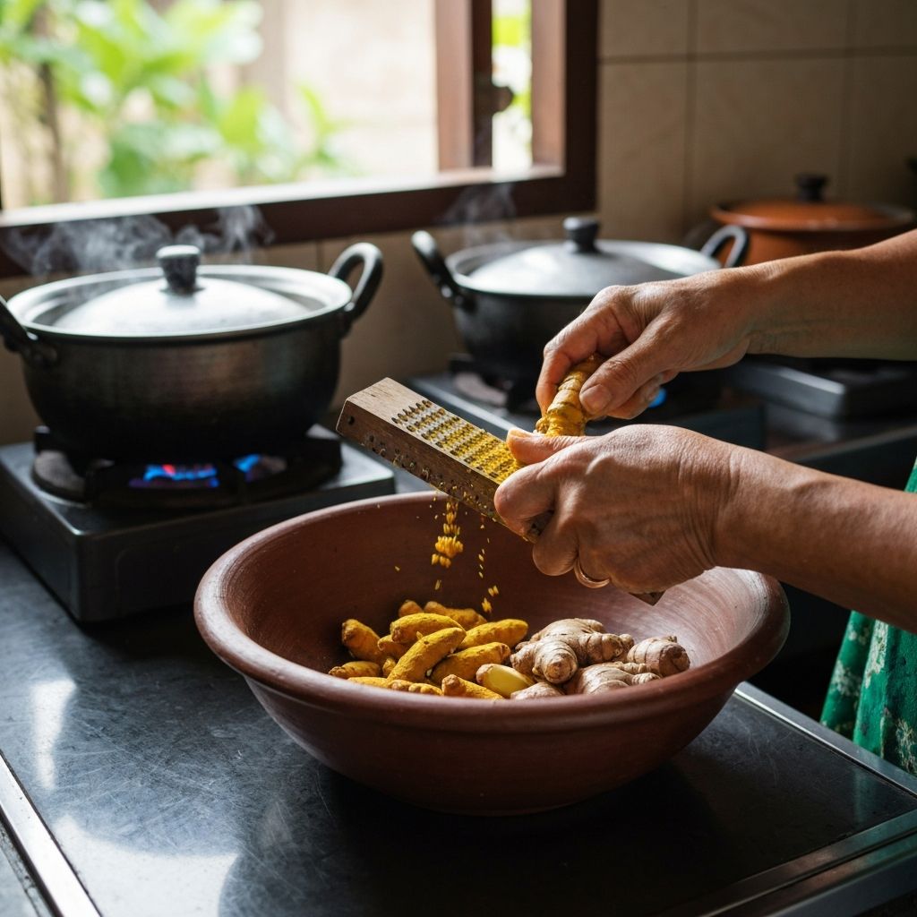 Traditional Indonesian kitchen preparation of turmeric and ginger