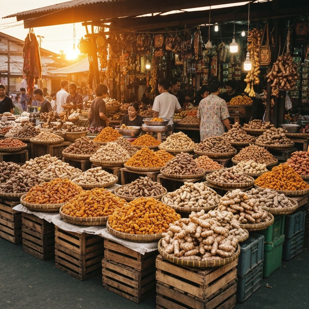 Indonesian regional market with turmeric and ginger varieties